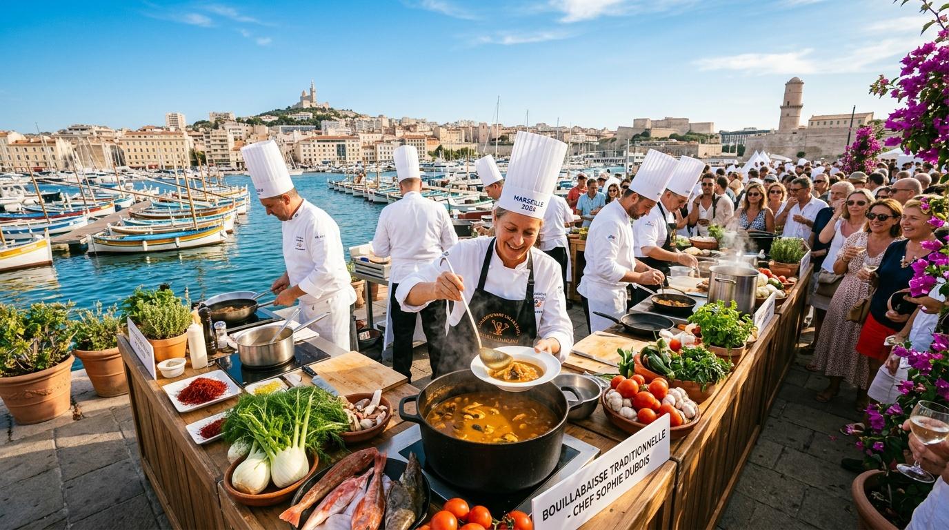 Chefs cuisiniers préparant une bouillabaisse traditionnelle au port de Marseille