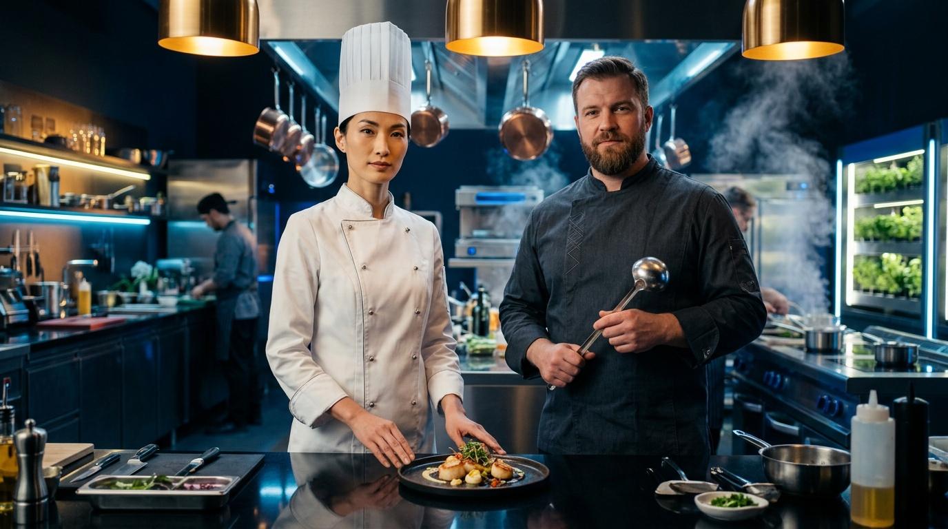 Deux chefs présentent un plat dans une cuisine contemporaine.