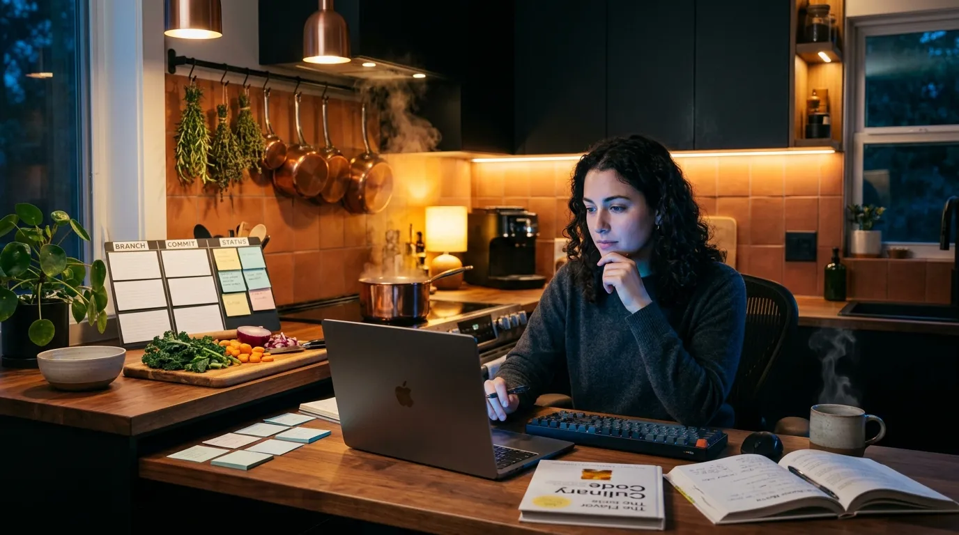 Femme codant à son bureau de cuisine moderne la nuit