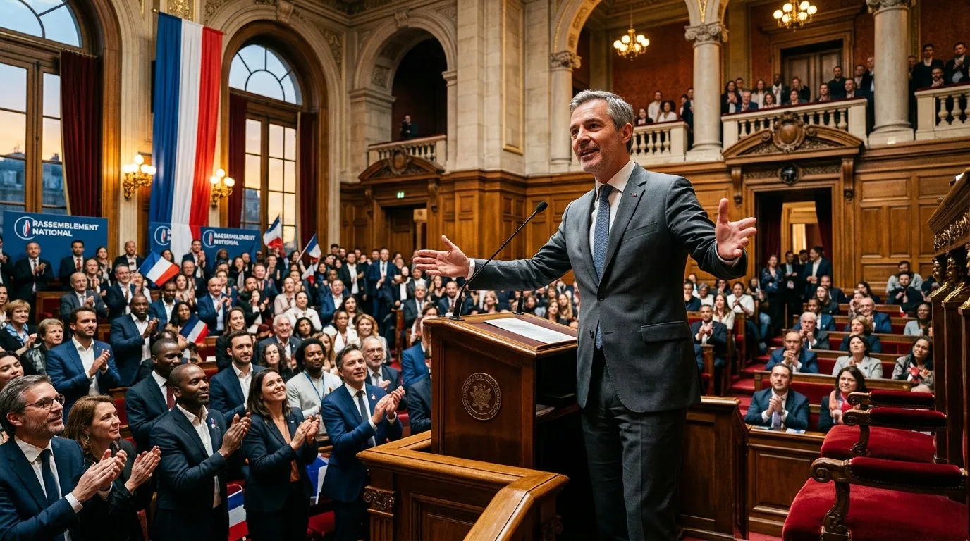 Homme en costume parlant au pupitre devant députés applaudissant
