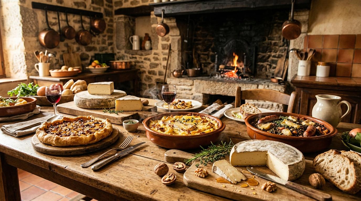 Table rustique avec fromages, charcuterie, pain et plats cuisinés