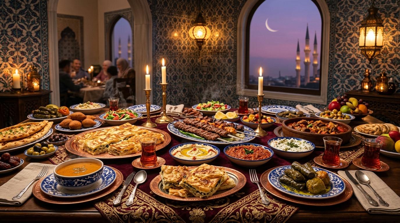 Table richement dressée avec cuisine orientale, vue sur mosquée illuminée