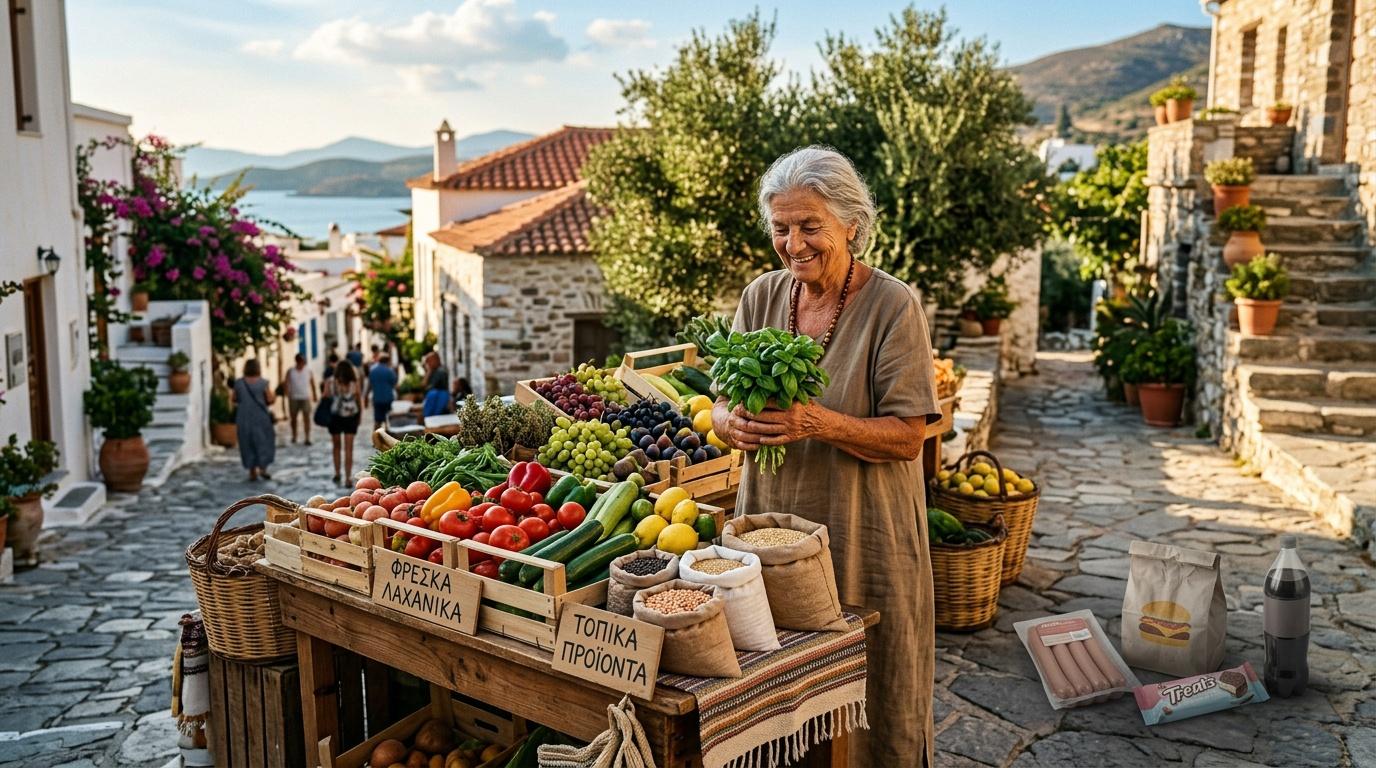 Femme âgée vendant fruits et légumes frais dans village côtier