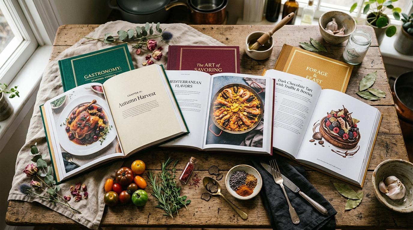 Livres de recettes ouverts, ingrédients frais, ustensiles sur table en bois