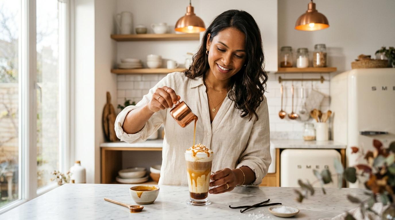 Femme versant du caramel sur un café glacé en cuisine