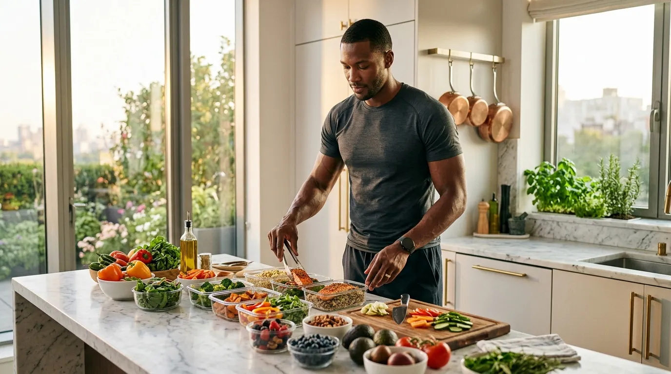 Homme prépare des légumes frais dans une cuisine moderne