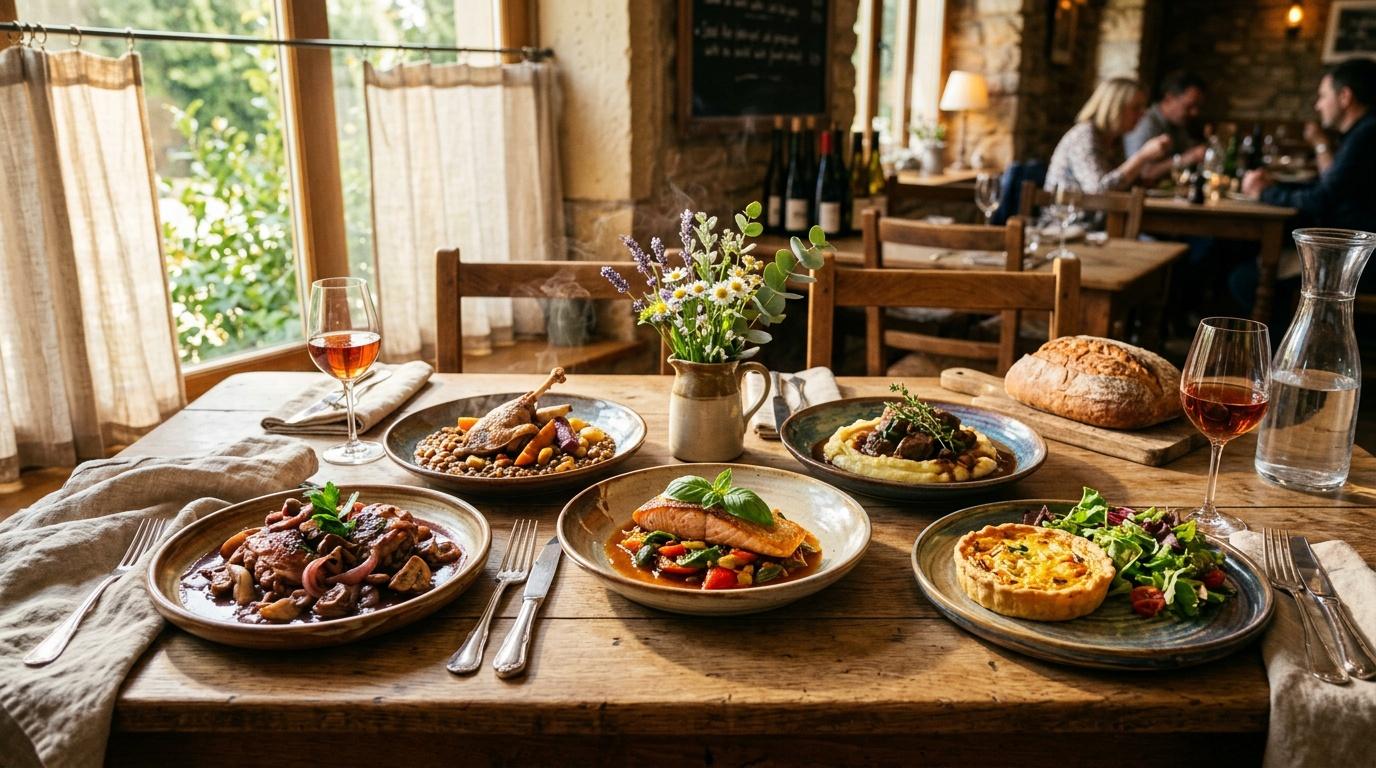Table dressée avec plats cuisinés, verres de vin et fleurs