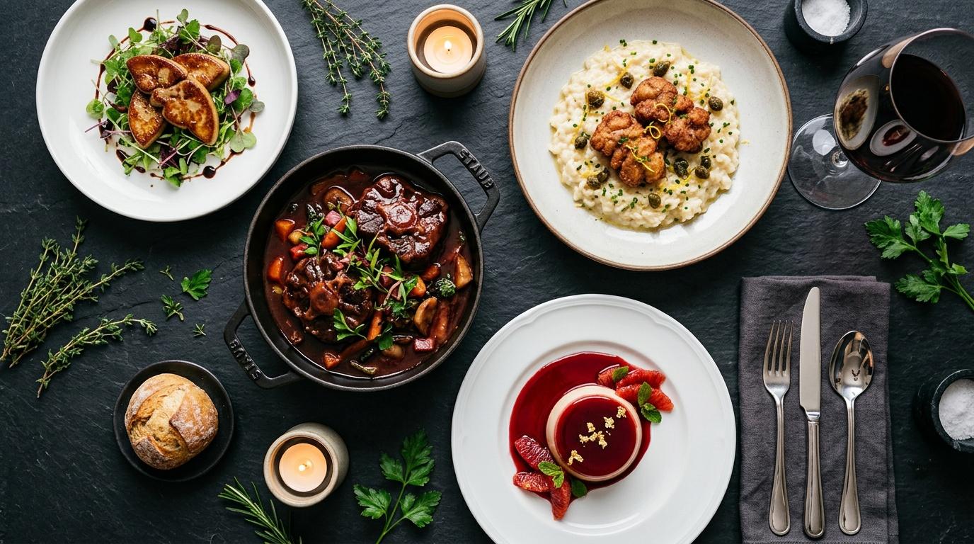 Table de restaurant avec plusieurs plats gastronomiques et mise en place soignée