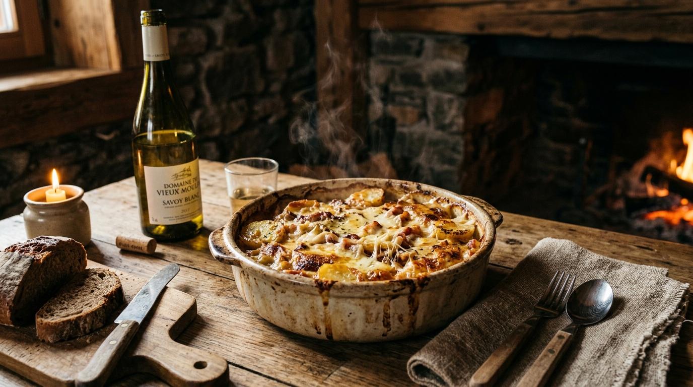 Gratin chaud, pain, vin blanc et feu de cheminée