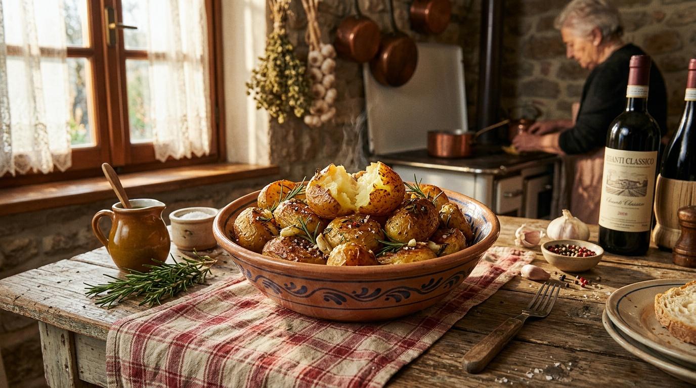 Pommes de terre rôties, vin Chianti, cuisine rustique italienne