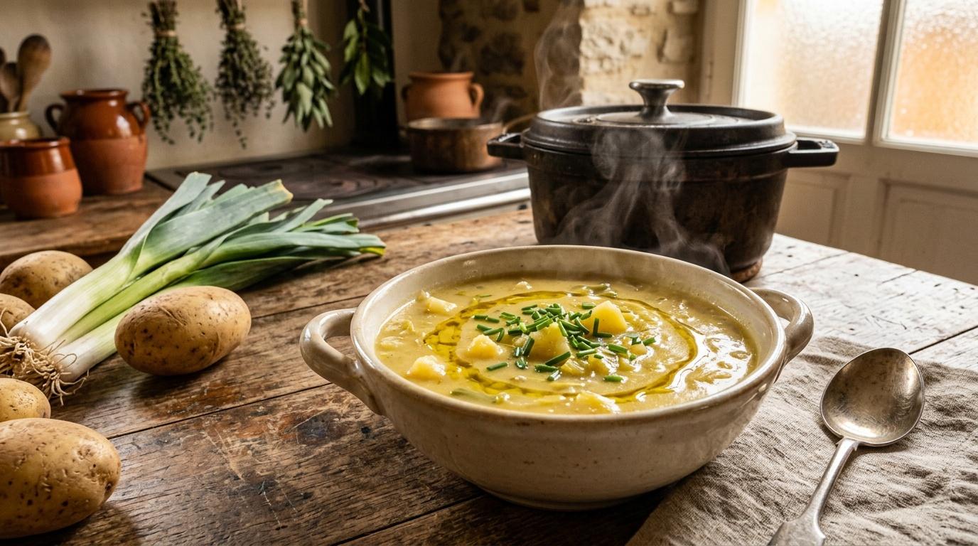 Bol de soupe chaude garni de chives et pommes de terre