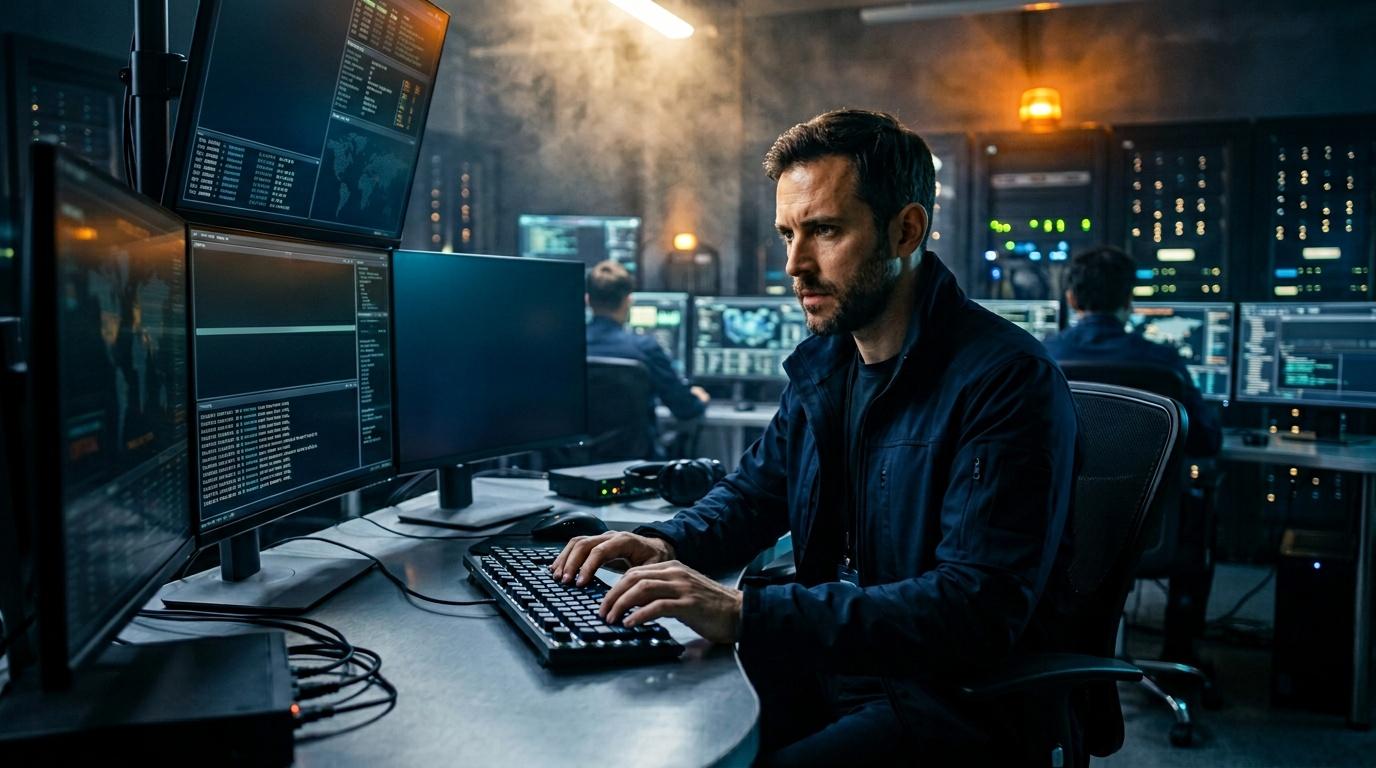 Homme travaillant à ordinateur dans salle serveurs