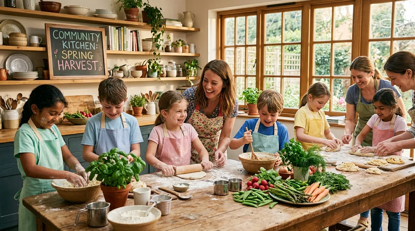 Enfants et adultes préparent repas ensemble cuisine moderne