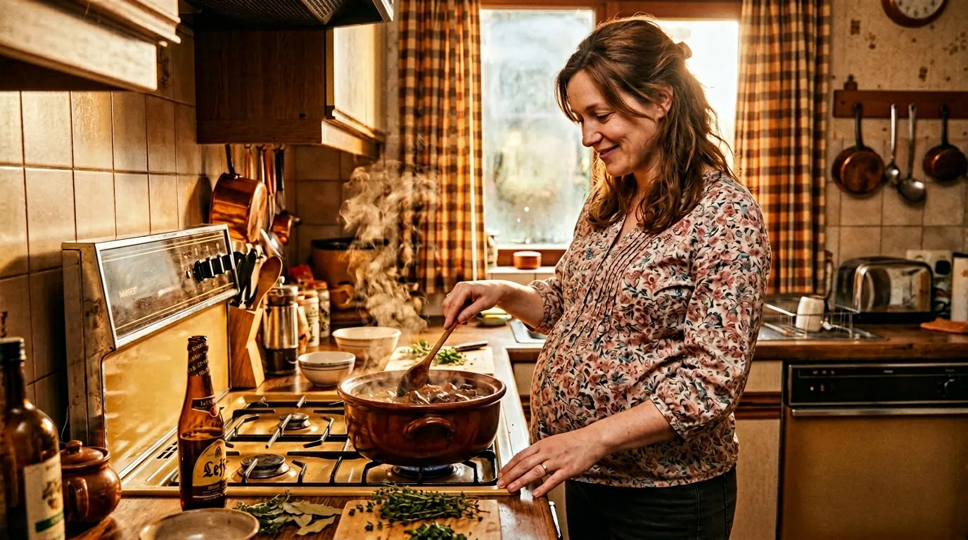 Femme cuisinant dans une cuisine chaleureuse et lumineuse