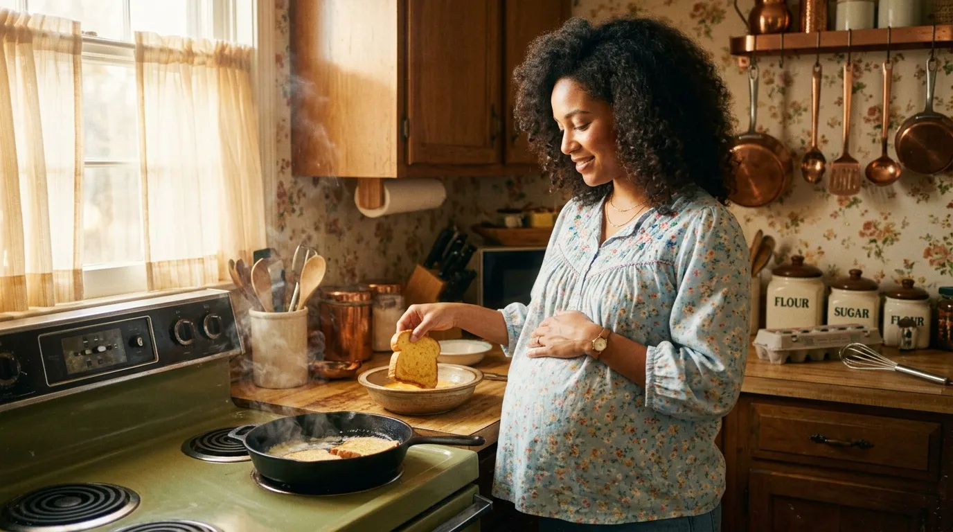 Femme enceinte cuisinant dans une cuisine rétro années 1970