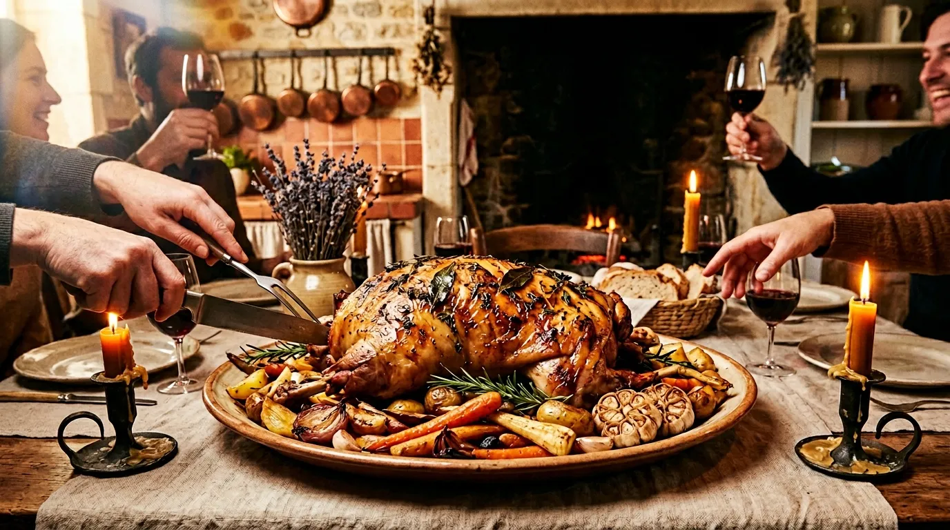 Famille dégustant un repas festif avec volaille rôtie et vin.