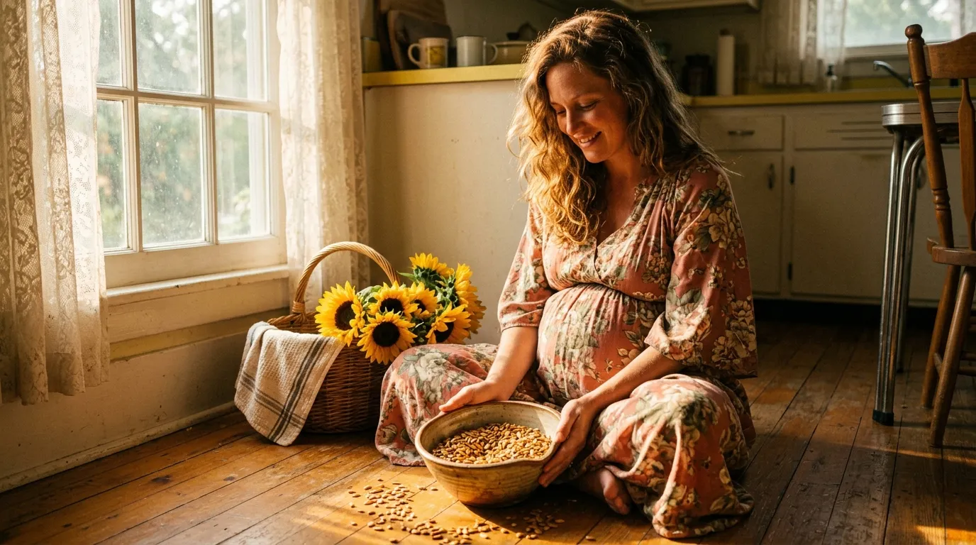 Femme enceinte avec bol de grains dans cuisine rustique