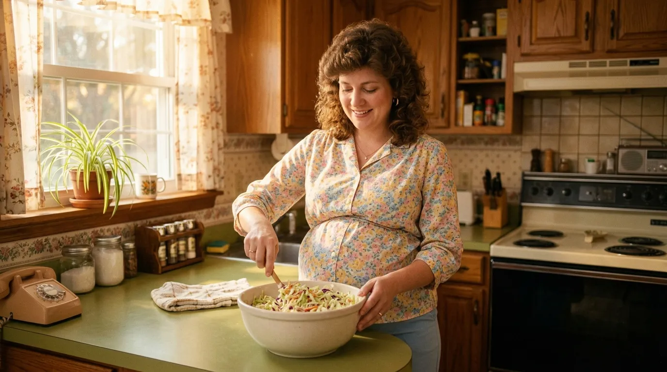 Femme enceinte souriante prépare une salade dans sa cuisine