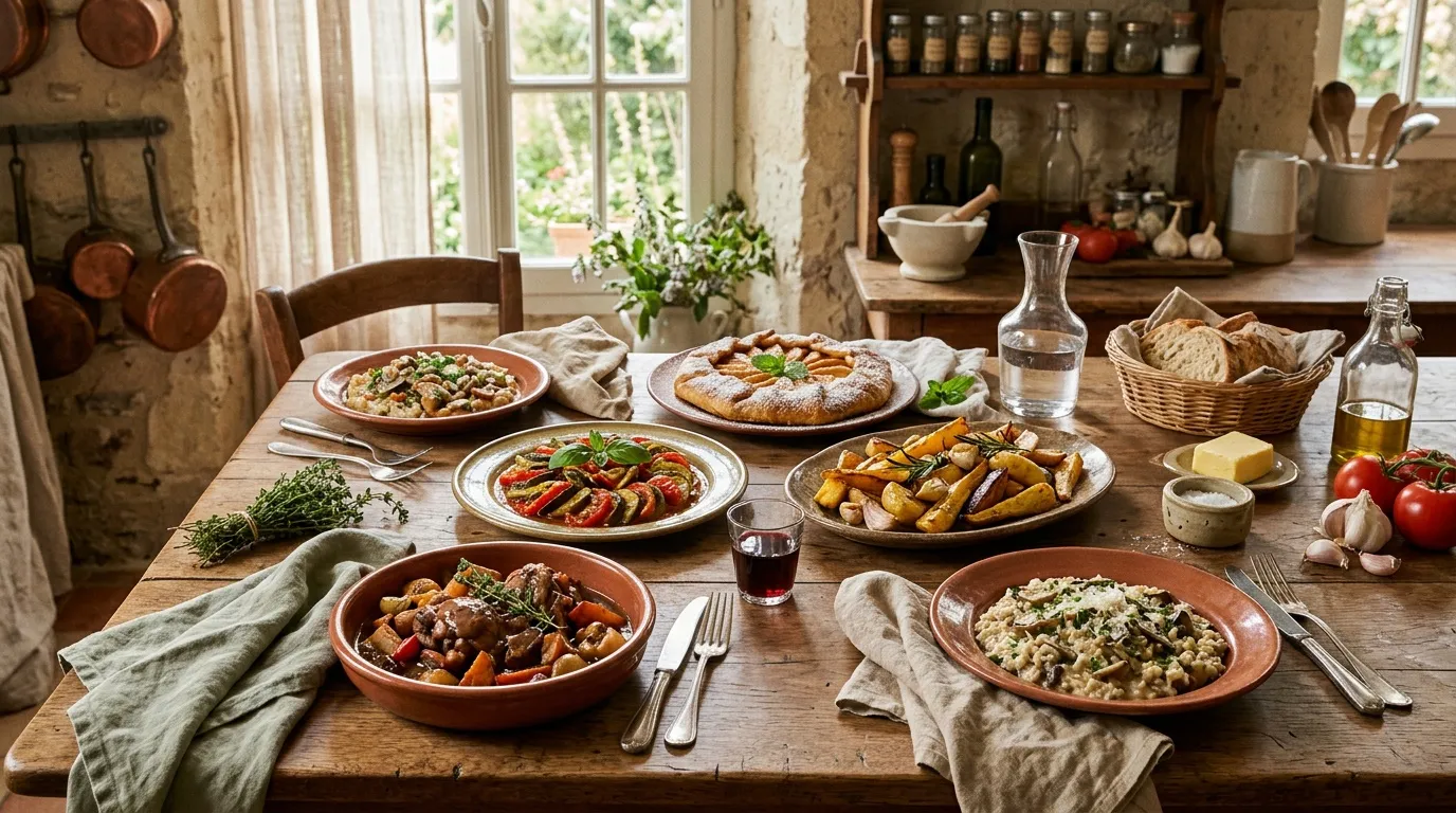 Table de repas rustique avec plats méditerranéens variés.