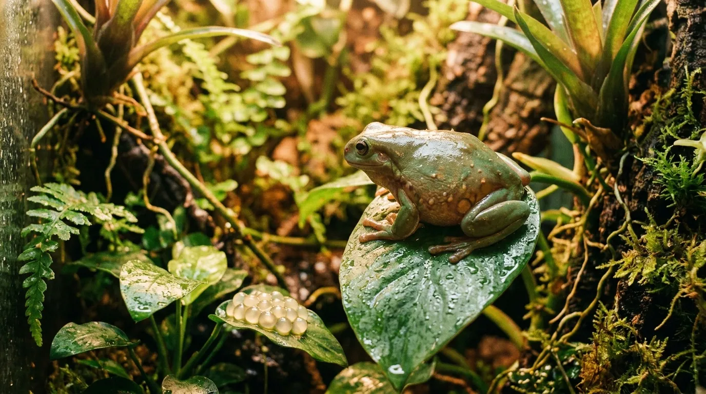 Petite grenouille verte posée sur une feuille mouillée