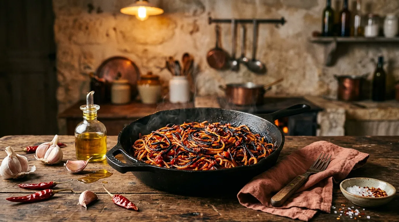 Poêle de nouilles sautées avec ail, huile et épices dans une cuisine rustique.