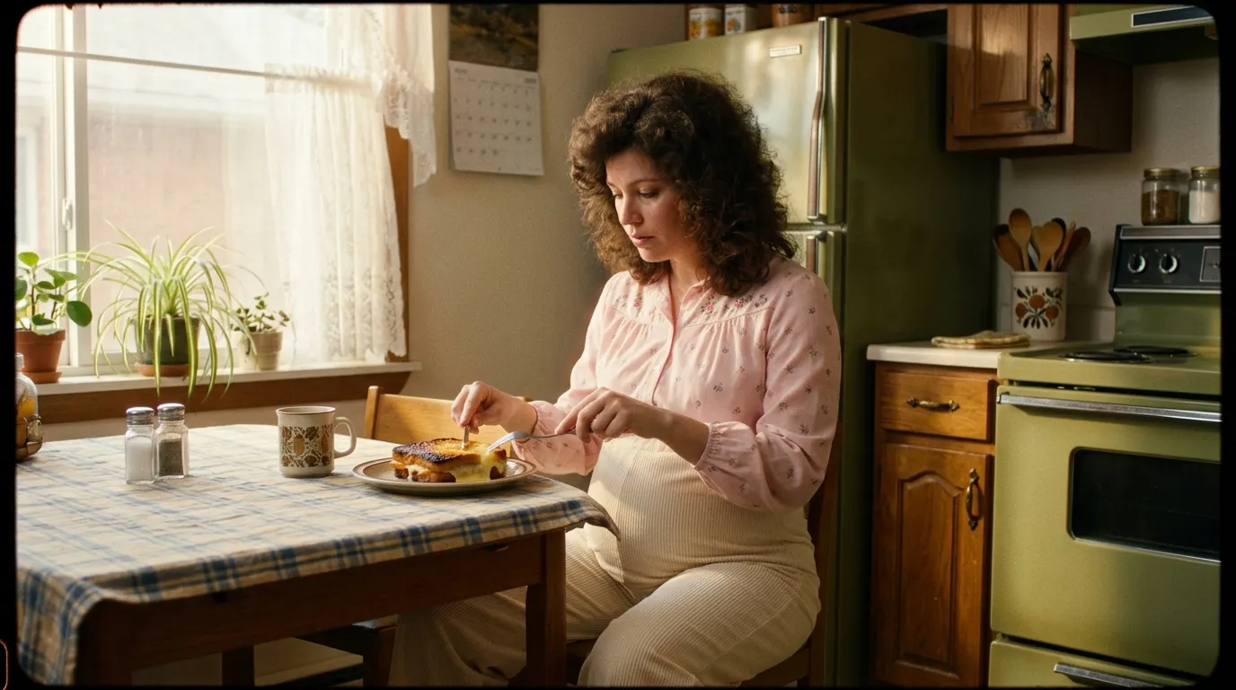 Femme déjeunant seule à table dans une cuisine vintage