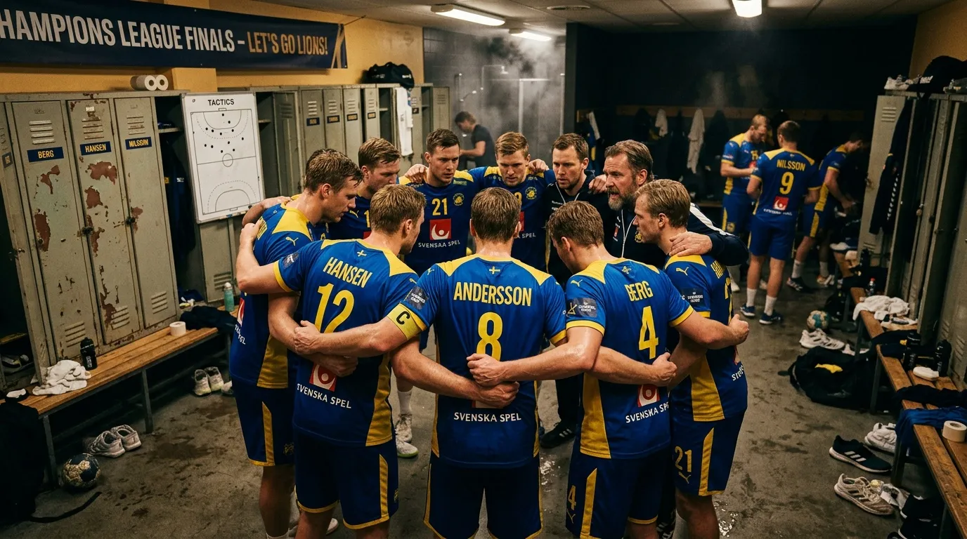 Joueurs de football suédois en cercle dans le vestiaire