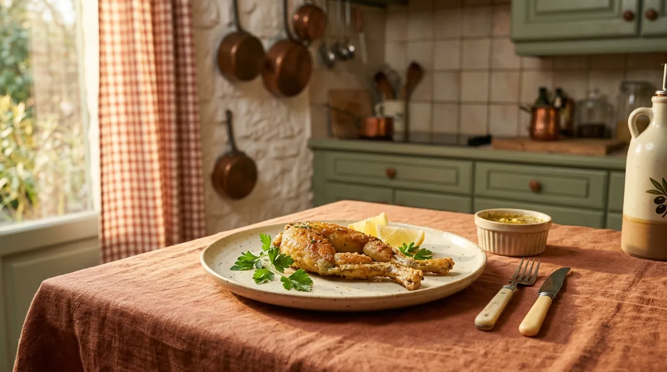 Poisson grillé garni de persil sur table rustique en cuisine