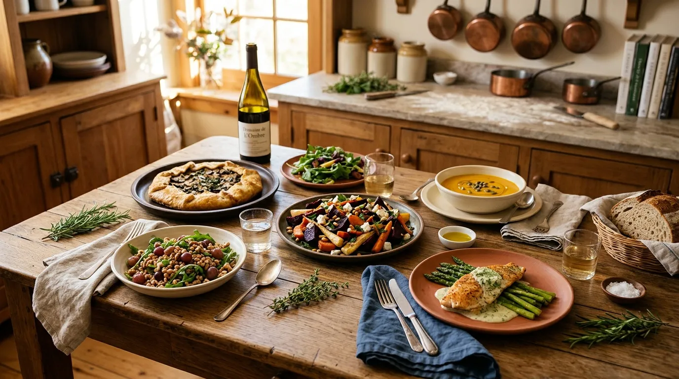 Table dressée avec plusieurs plats cuisinés, vin et pain frais