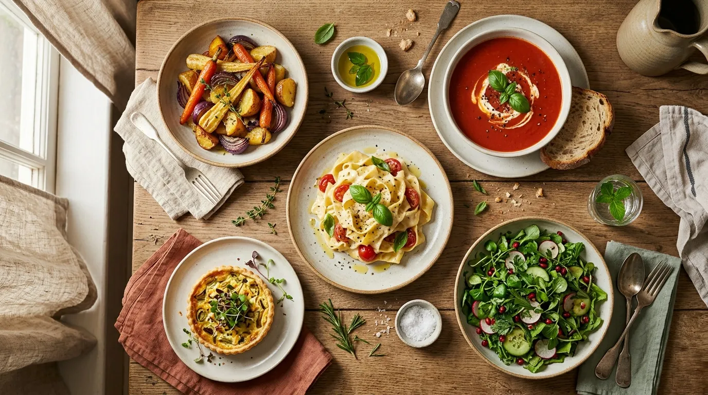 Table avec soupe, pâtes, salade, légumes rôtis et pain grillé