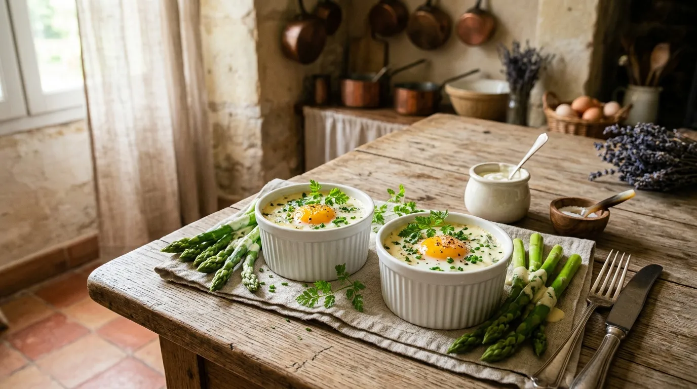 Deux œufs en cocotte garnis d'asperges fraîches et herbes