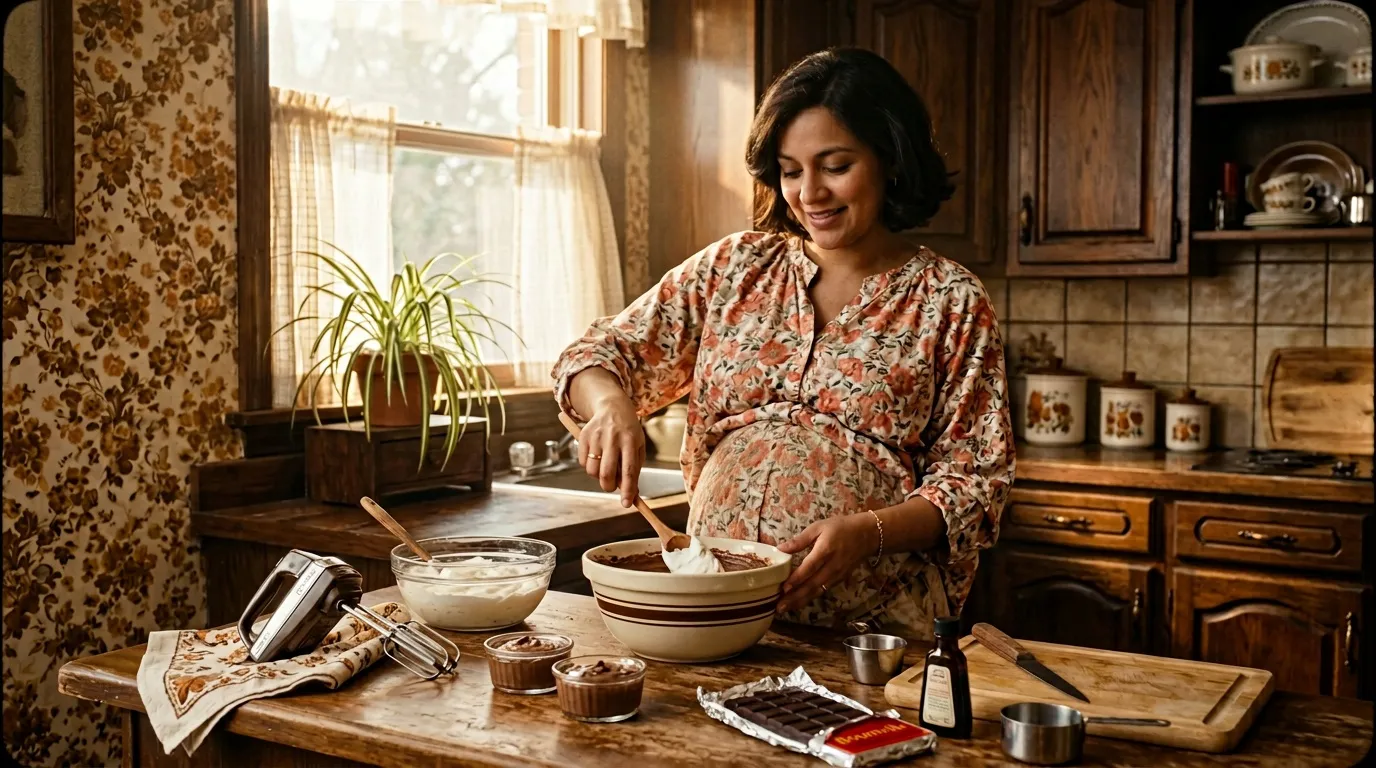 Femme enceinte cuisinant dans une cuisine vintage années 1950