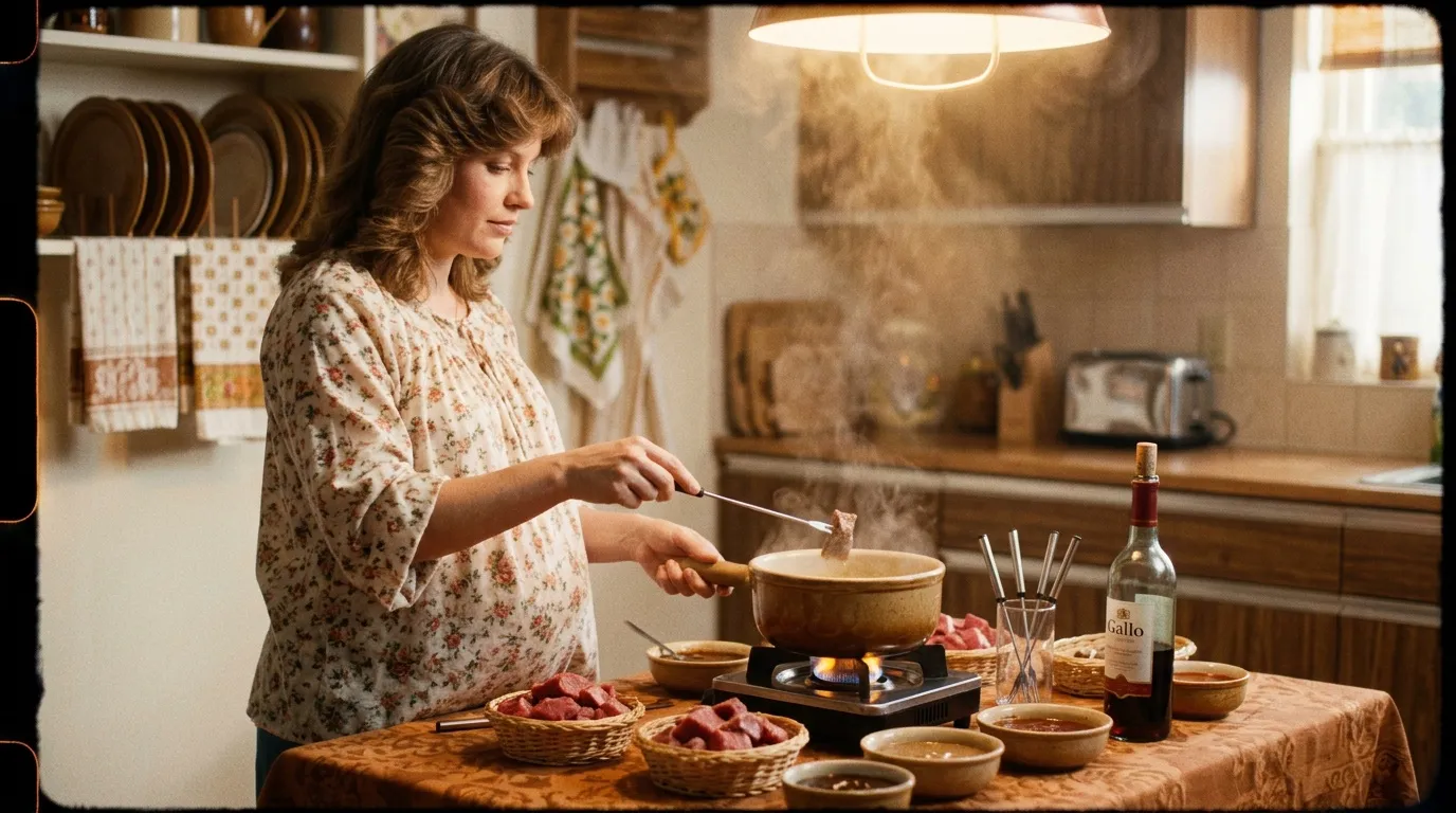 Femme enceinte cuisinant un risotto dans une cuisine rétro