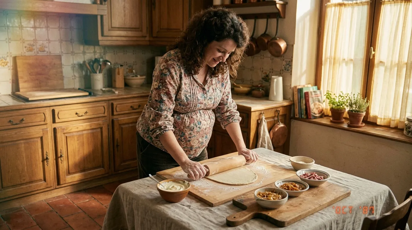 Femme enceinte pétrissant la pâte dans une cuisine rustique