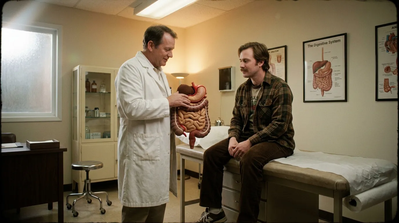 Médecin explique anatomie digestive à patient assis