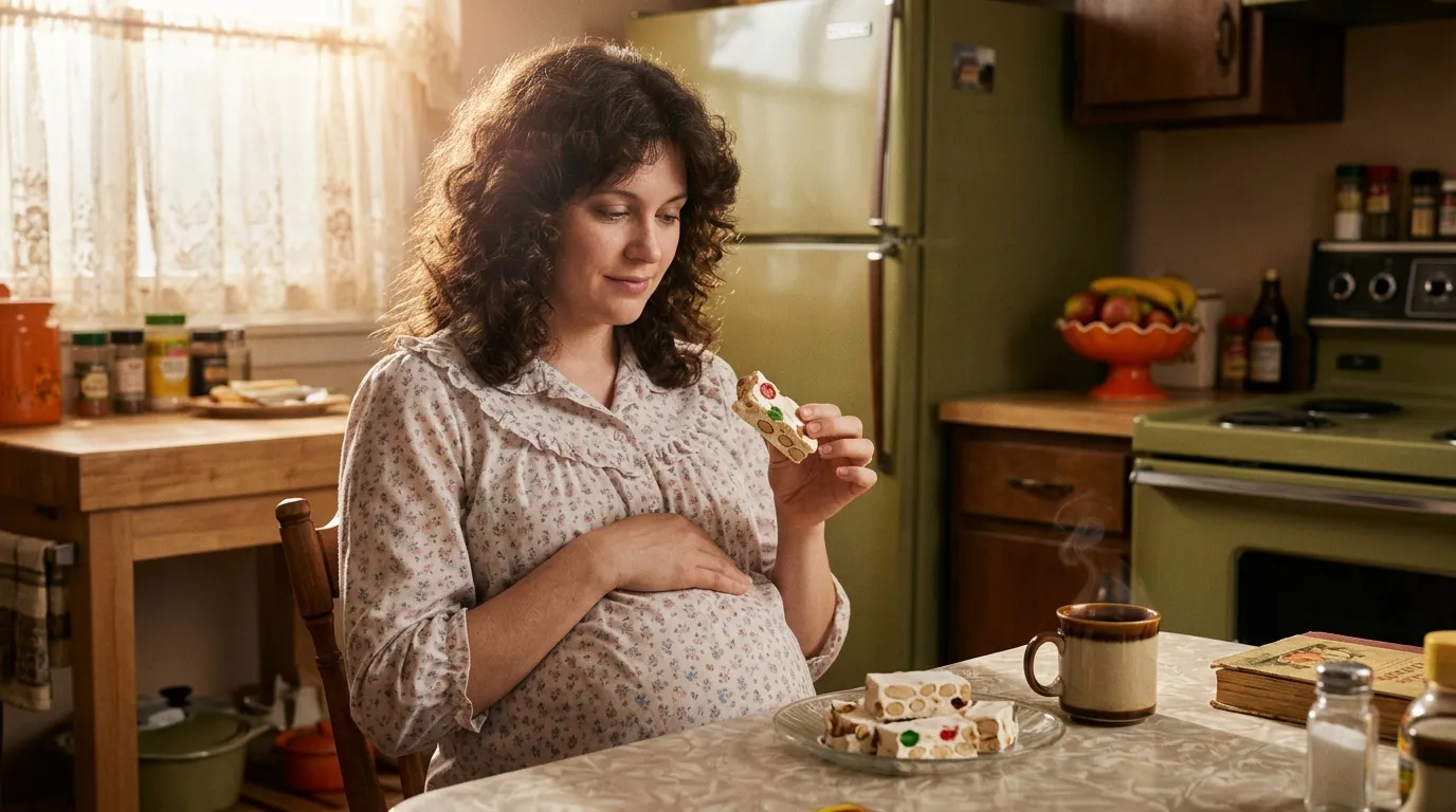Femme enceinte dans une cuisine vintage mangeant un biscuit