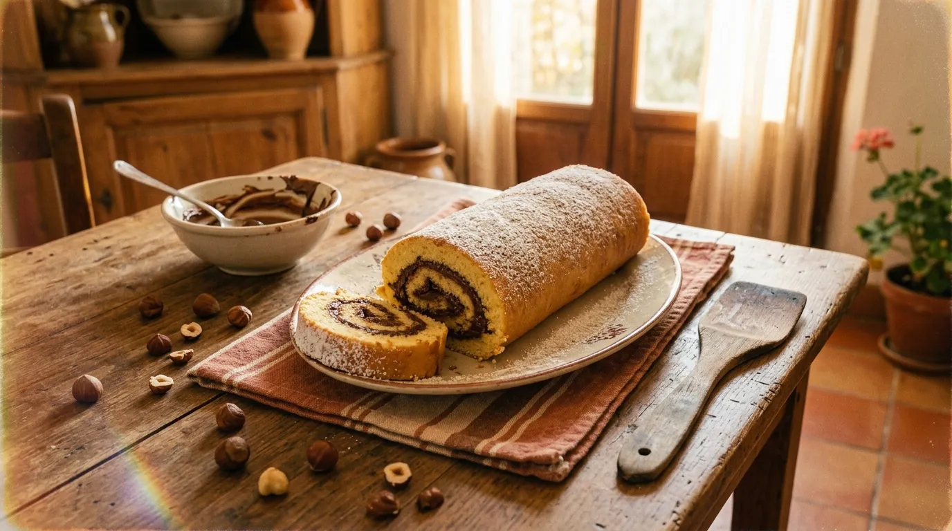 Roulé au chocolat saupoudré de sucre glace sur table