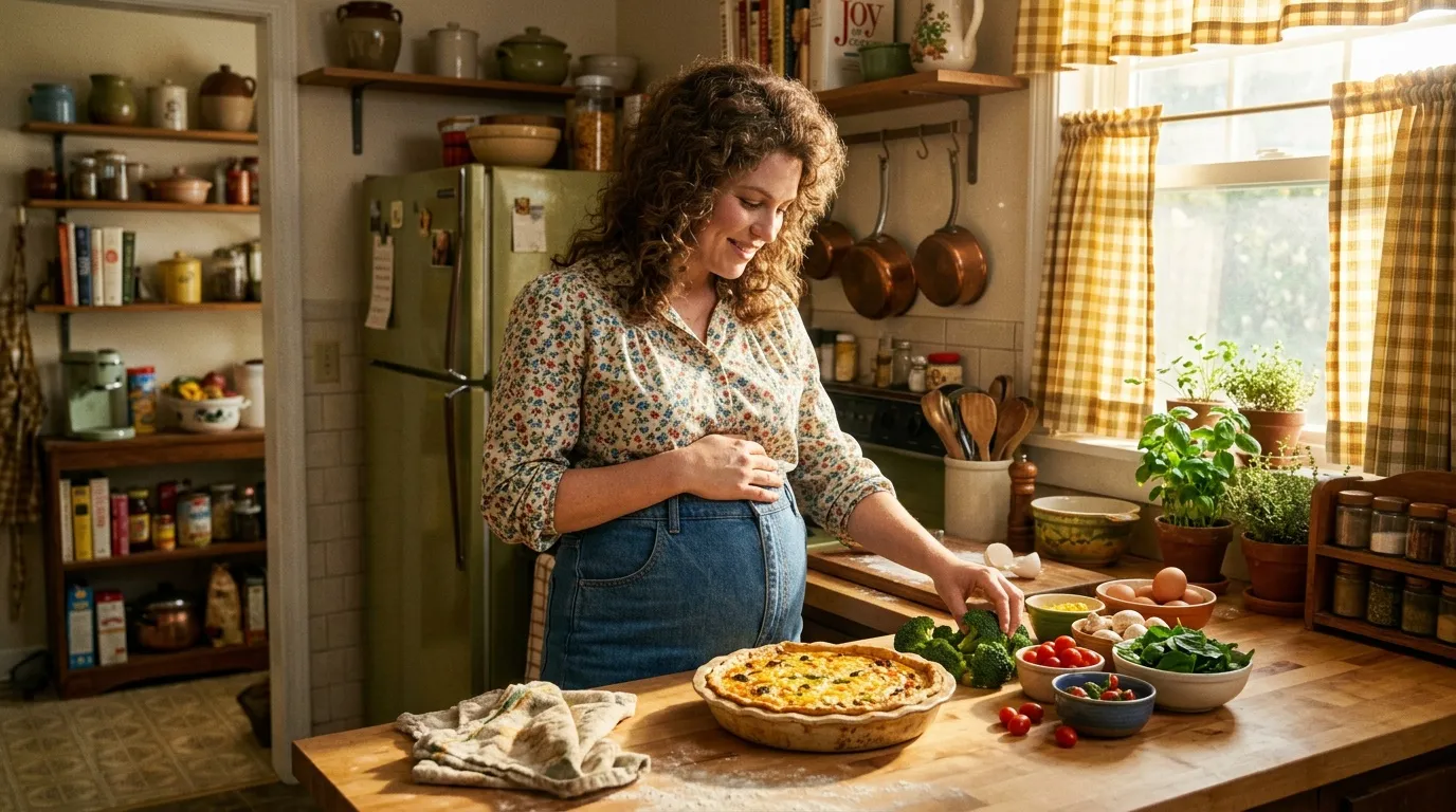 Femme enceinte préparant une quiche dans sa cuisine vintage