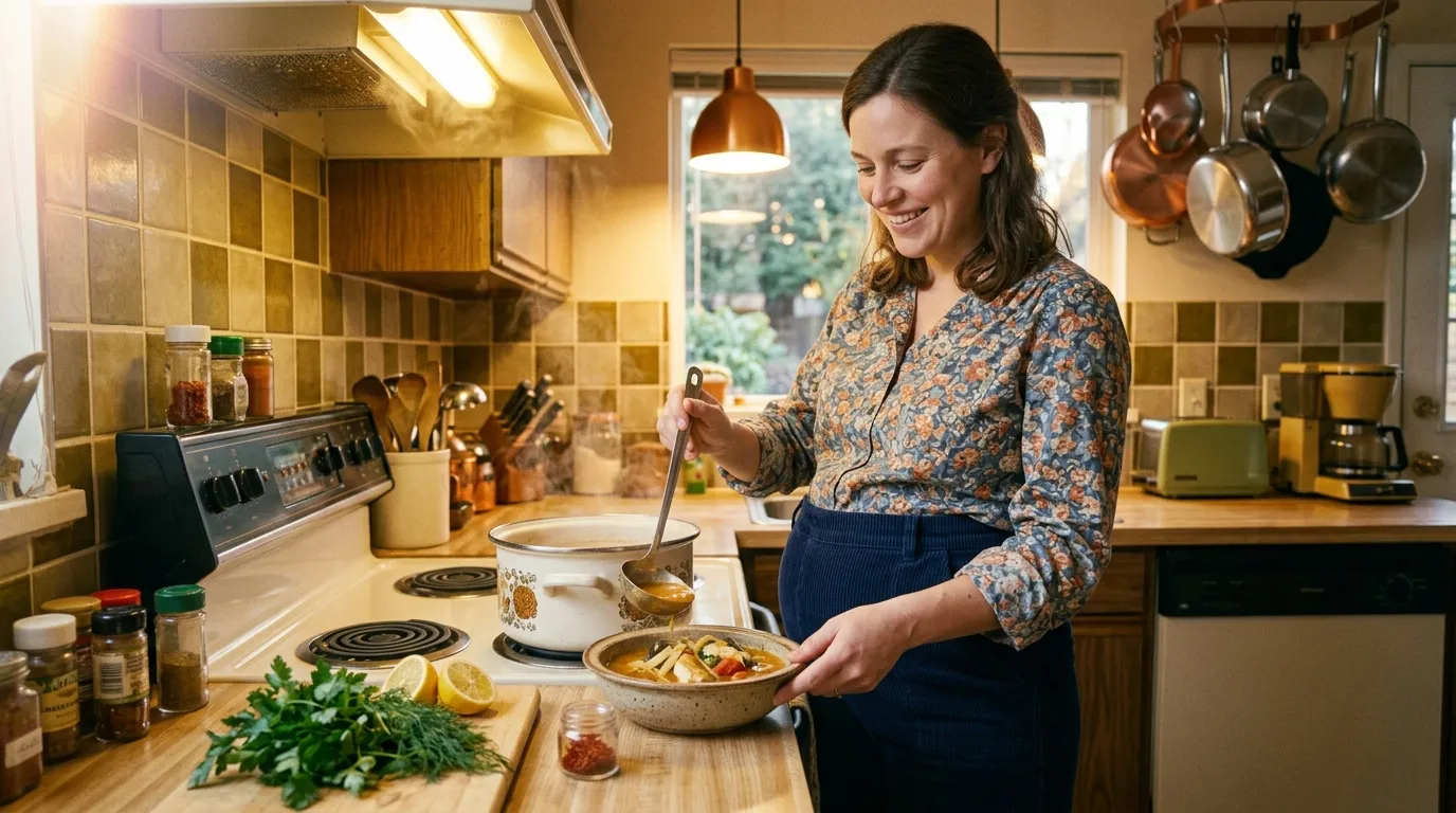 Femme souriante prépare un repas dans cuisine lumineuse
