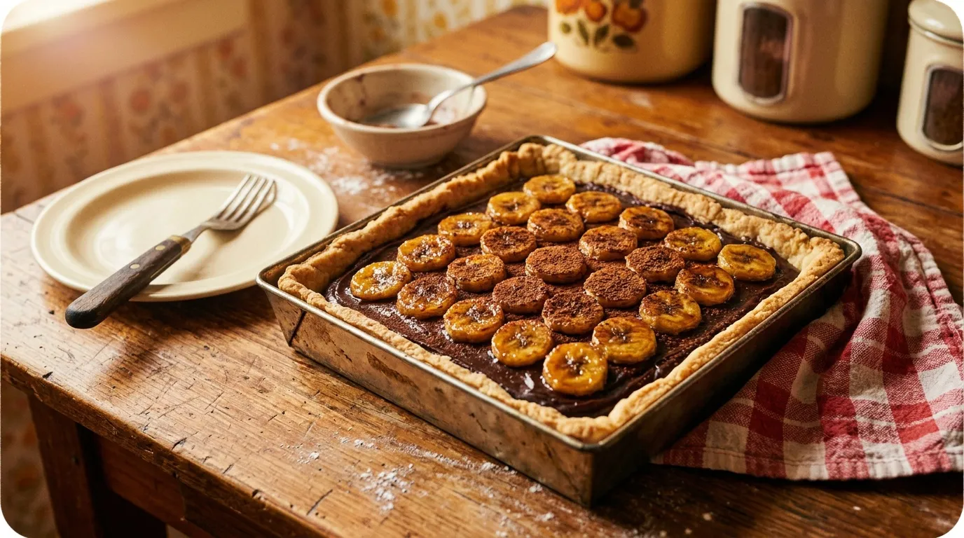 Tarte chocolat garnie bananes caramélisées sur table bois