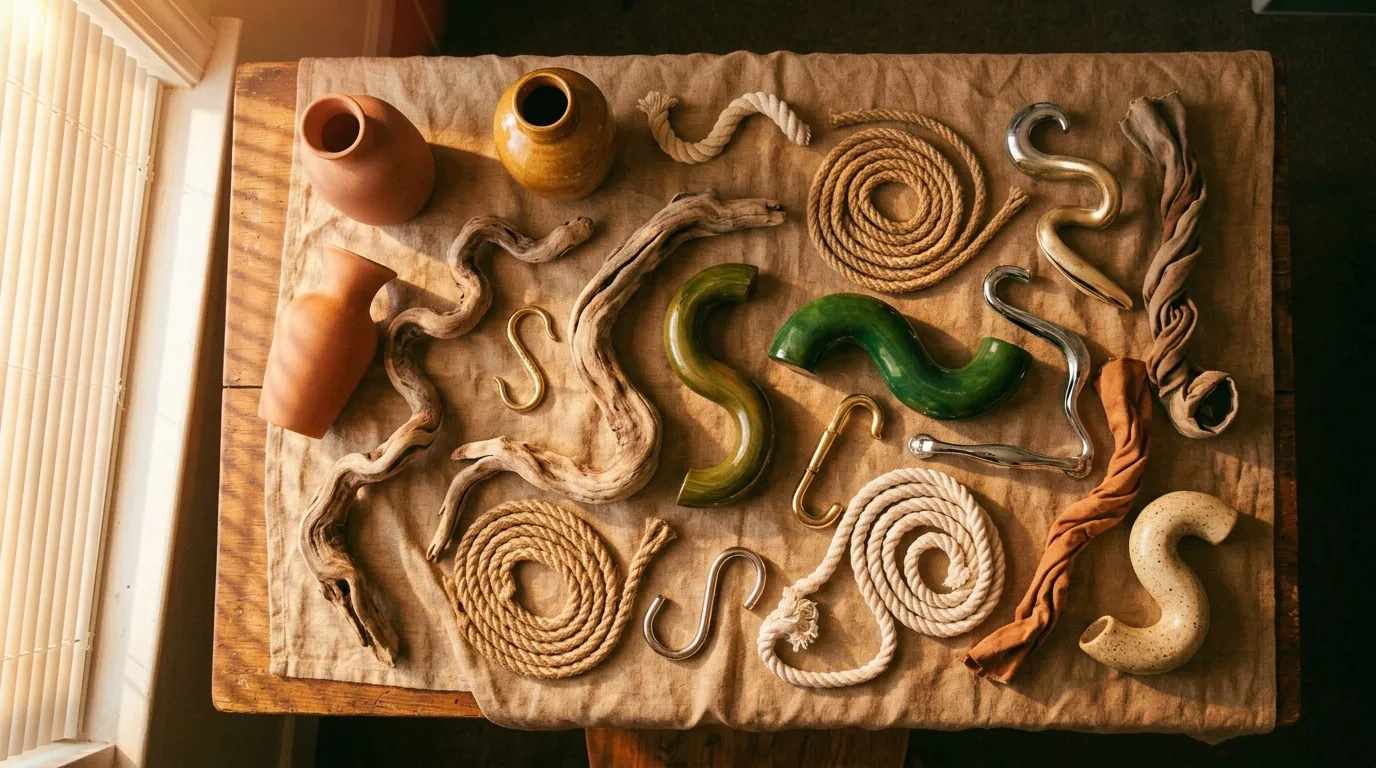 Cordes, crochets, poteries et objets décorés sur toile beige